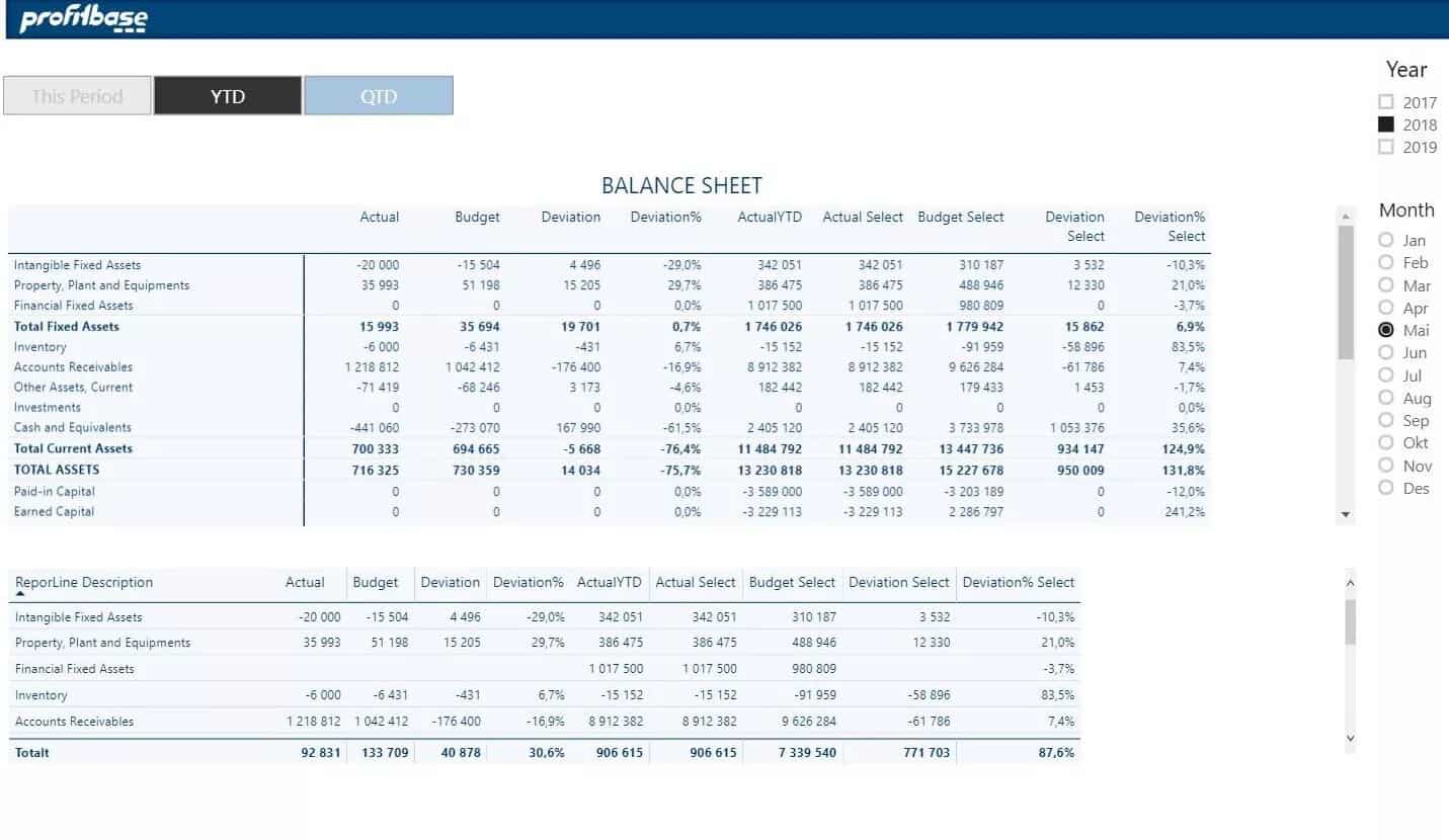Profitbase report example showing balance sheet